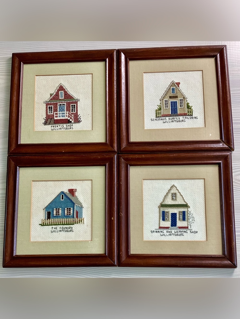 VTG 1986 Colonial Williamsburg Framed Cross Stitch Set of 4 Wall Art Americana